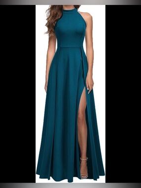 Teal high-neck maxi dress with side slits